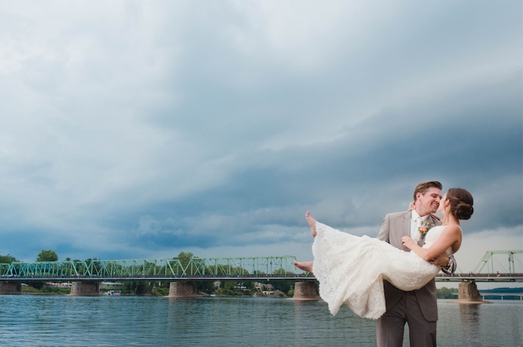 Bride and groom kiss